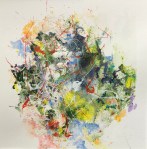 2019 Acrylique jaune vert et fils rouges&nbsp;39×29