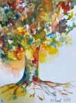 Aquarelle arbre vert jaune&nbsp;rouge